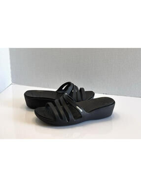 Crocs Rhonda Slides Women's 7 Black Wedge Heel Strappy Sandals Comfort Slip On